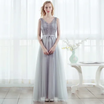 Chic Beautiful Grey Prom Dresses 2017 A Line Princess V Neck Sleeveless Beading Pearl Bow Sash Floor Length Long Backless Formal Dresses