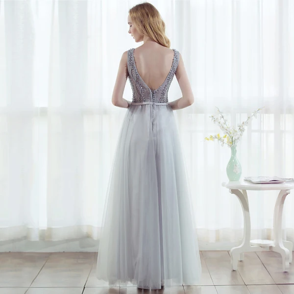 Chic / Beautiful Grey Prom Dresses 2017 A-Line / Princess V-Neck Sleeveless Beading Pearl Bow Sash Floor-Length / Long Backless Formal Dresses