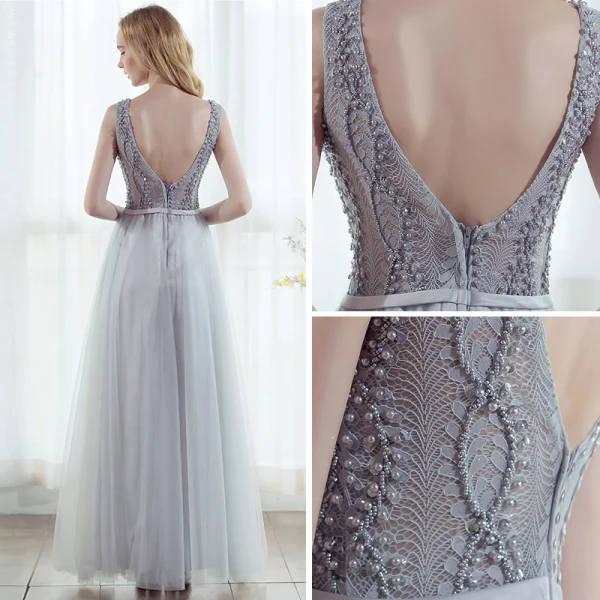 Chic / Beautiful Grey Prom Dresses 2017 A-Line / Princess V-Neck Sleeveless Beading Pearl Bow Sash Floor-Length / Long Backless Formal Dresses