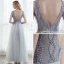 Chic / Beautiful Grey Prom Dresses 2017 A-Line / Princess V-Neck Sleeveless Beading Pearl Bow Sash Floor-Length / Long Backless Formal Dresses