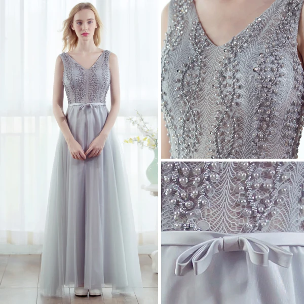 Chic / Beautiful Grey Prom Dresses 2017 A-Line / Princess V-Neck Sleeveless Beading Pearl Bow Sash Floor-Length / Long Backless Formal Dresses