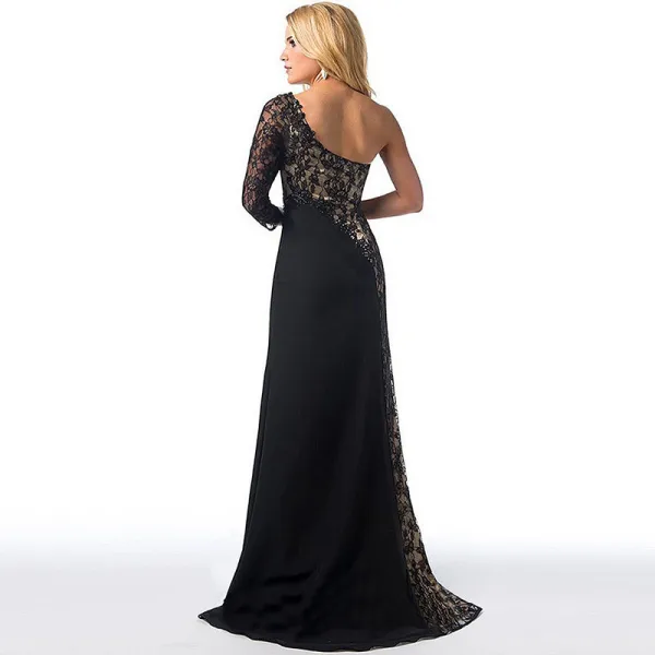 Zwei Töne Schwarz Maxikleider 2018 Meerjungfrau One-Shoulder Lange Ärmel Gespaltete Front Sweep / Pinsel Zug Rückenfreies Damenbekleidung