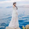 Elegant Summer Beach White Maxi Dresses 2018 Empire Off-The-Shoulder Long Sleeve Floor-Length / Long Ruffle Backless Womens Clothing