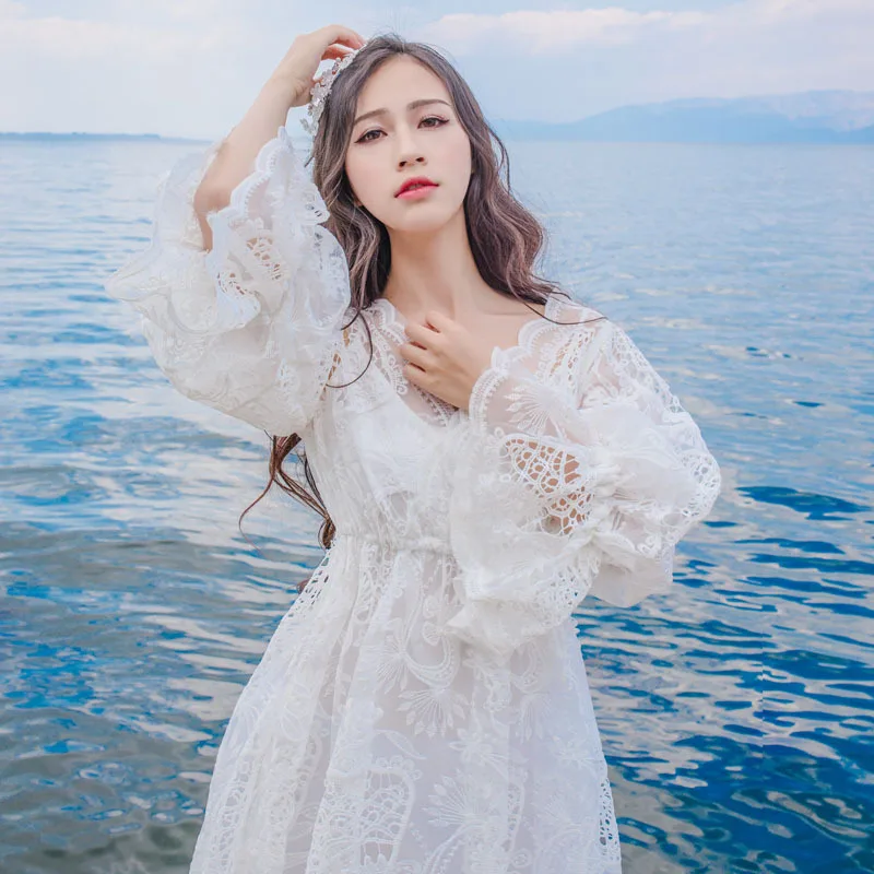 chinese dress ladies Boho High Waist Lace Maxi Dress – Sheer Tassel Beach Cover Up in White | Women's Boho Fashion | One Size main image 0