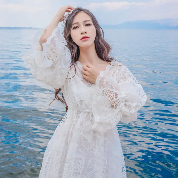 Elegant Summer Beach White Maxi Dresses 2018 Empire Off-The-Shoulder Long Sleeve Floor-Length / Long Ruffle Backless Womens Clothing Elegant Summer Beach White Maxi Dresses 2018 Empire Off-The-Shoulder Long Sleeve Floor-Length / Long Ruffle Backless Womens Clothing