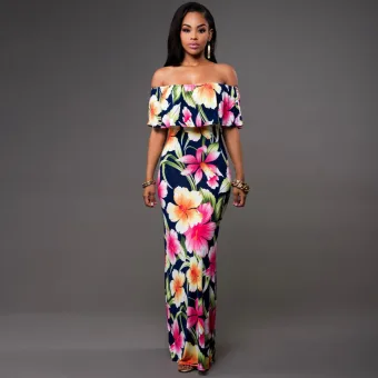 Modern Fashion Dark Green Maxi Dresses 2018 Trumpet Mermaid Off The Shoulder Short Sleeve Printing Flower Ankle Length Ruffle Backless Womens Clothing