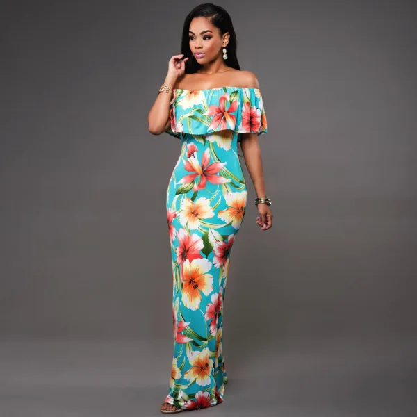 Moderne / Mode Vert Foncé Robes longues 2018 Trompette / Sirène De l'épaule Manches Courtes Impression Fleur Longueur Cheville Volants Dos Nu Vêtements Femme