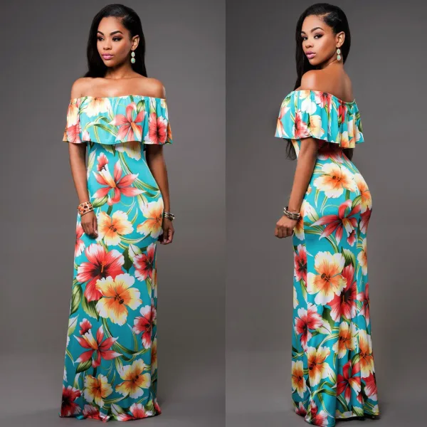 Moderne / Mode Vert Foncé Robes longues 2018 Trompette / Sirène De l'épaule Manches Courtes Impression Fleur Longueur Cheville Volants Dos Nu Vêtements Femme