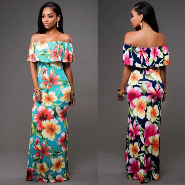 Moderne / Mode Vert Foncé Robes longues 2018 Trompette / Sirène De l'épaule Manches Courtes Impression Fleur Longueur Cheville Volants Dos Nu Vêtements Femme