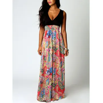 Modern Fashion Red Maxi Dresses 2018 Empire V Neck Sleeveless Printing Flower Floor Length Long Ruffle Womens Clothing