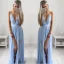 Sexy Sky Blue Chiffon Summer Maxi Dresses 2018 V-Neck Spaghetti Straps Sleeveless Split Front Floor-Length / Long Ruffle Backless Womens Clothing