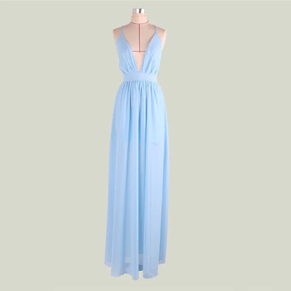 Sexy Sky Blue Chiffon Summer Maxi Dresses 2018 V-Neck Spaghetti Straps Sleeveless Split Front Floor-Length / Long Ruffle Backless Womens Clothing
