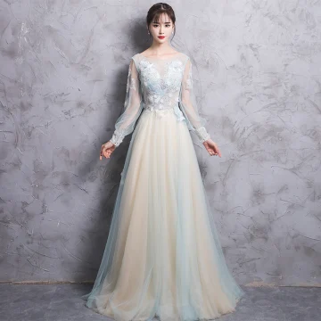 Elegant Champagne Evening Dresses 2017 A Line Princess Scoop Neck Long Sleeve Appliques Lace Beading Pearl Court Train Backless Pierced Formal Dresses