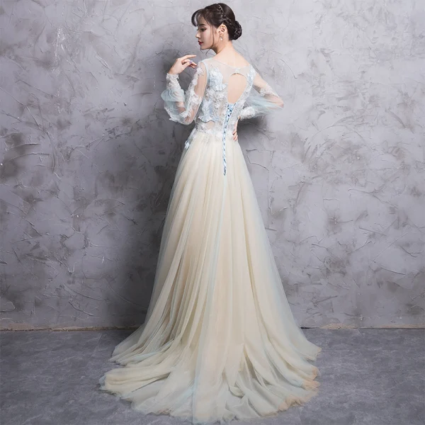 Elegant Champagne Evening Dresses 2017 A-Line / Princess Scoop Neck Long Sleeve Appliques Lace Beading Pearl Court Train Backless Pierced Formal Dresses