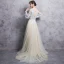 Elegant Champagne Evening Dresses  2017 A-Line / Princess Scoop Neck Long Sleeve Appliques Lace Beading Pearl Court Train Backless Pierced Formal Dresses