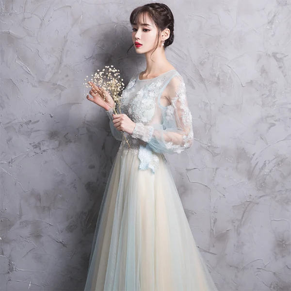 Elegant Champagne Evening Dresses 2017 A-Line / Princess Scoop Neck Long Sleeve Appliques Lace Beading Pearl Court Train Backless Pierced Formal Dresses