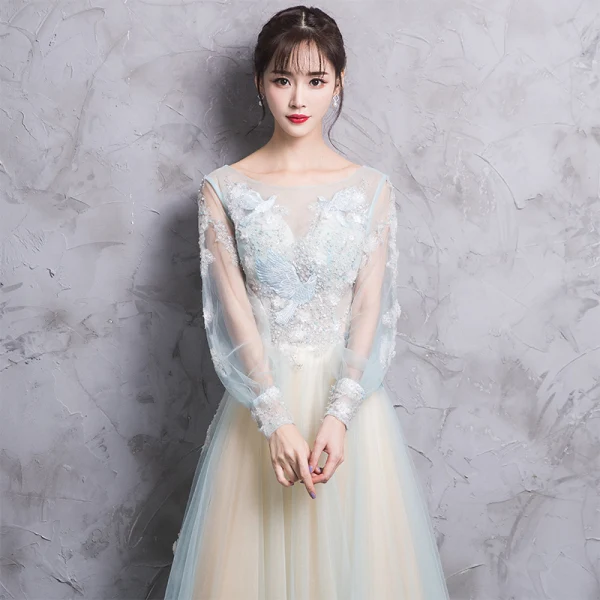 Elegant Champagne Evening Dresses 2017 A-Line / Princess Scoop Neck Long Sleeve Appliques Lace Beading Pearl Court Train Backless Pierced Formal Dresses