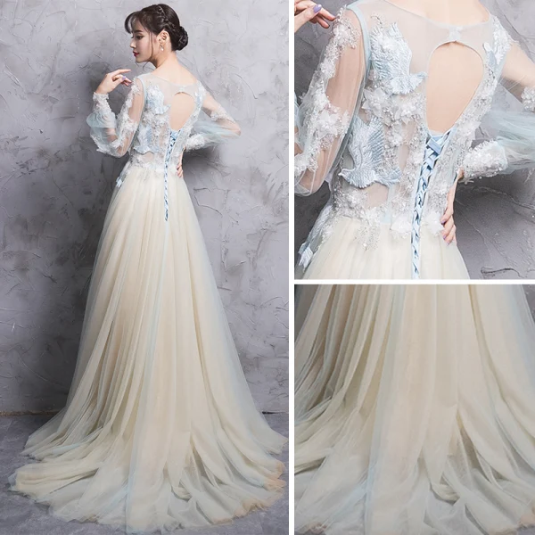 Elegant Champagne Evening Dresses 2017 A-Line / Princess Scoop Neck Long Sleeve Appliques Lace Beading Pearl Court Train Backless Pierced Formal Dresses
