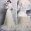 Elegant Champagne Evening Dresses  2017 A-Line / Princess Scoop Neck Long Sleeve Appliques Lace Beading Pearl Court Train Backless Pierced Formal Dresses