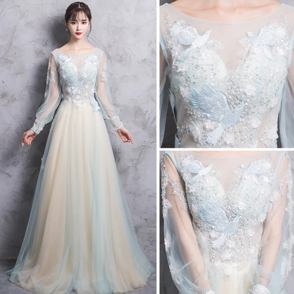 Elegant Champagne Evening Dresses 2017 A-Line / Princess Scoop Neck Long Sleeve Appliques Lace Beading Pearl Court Train Backless Pierced Formal Dresses