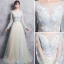 Elegant Champagne Evening Dresses  2017 A-Line / Princess Scoop Neck Long Sleeve Appliques Lace Beading Pearl Court Train Backless Pierced Formal Dresses