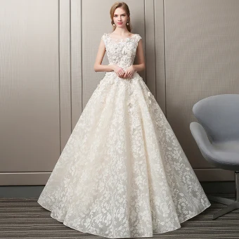 Charming Champagne Pierced Wedding Dresses 2018 A Line Princess Scoop Neck Cap Sleeves Backless Flower Rhinestone Appliques Lace Ruffle Court Train