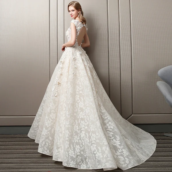 Charming Champagne Pierced Wedding Dresses 2018 A-Line / Princess Scoop Neck Cap Sleeves Backless Flower Rhinestone Appliques Lace Ruffle Court Train