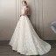 Charming Champagne Pierced Wedding Dresses 2018 A-Line / Princess Scoop Neck Cap Sleeves Backless Flower Rhinestone Appliques Lace Ruffle Court Train
