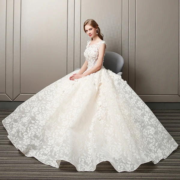 Charming Champagne Pierced Wedding Dresses 2018 A-Line / Princess Scoop Neck Cap Sleeves Backless Flower Rhinestone Appliques Lace Ruffle Court Train
