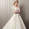Charming Champagne Pierced Wedding Dresses 2018 A-Line / Princess Scoop Neck Cap Sleeves Backless Flower Rhinestone Appliques Lace Ruffle Court Train