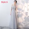 Affordable Grey See-through Summer Bridesmaid Dresses 2018 A-Line / Princess Appliques Lace Bow Sash Floor-Length / Long Ruffle Backless Wedding Party Dresses