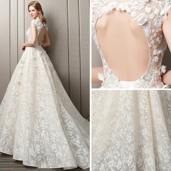 Charming Champagne Pierced Wedding Dresses 2018 A-Line / Princess Scoop Neck Cap Sleeves Backless Flower Rhinestone Appliques Lace Ruffle Court Train
