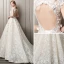 Charming Champagne Pierced Wedding Dresses 2018 A-Line / Princess Scoop Neck Cap Sleeves Backless Flower Rhinestone Appliques Lace Ruffle Court Train