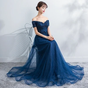 Élégant Bleu Marine Robe De Soirée 2017 Princesse De L Épaule Manches Courtes Appliques En Dentelle Perle Perlage Longue Volants Dos Nu Robe De Ceremonie