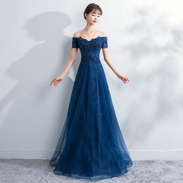 Elegant Navy Blue Evening Dresses 2017 A-Line / Princess Off-The-Shoulder Short Sleeve Appliques Lace Pearl Beading Floor-Length / Long Ruffle Backless Formal Dresses