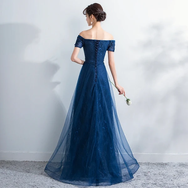 Elegant Navy Blue Evening Dresses 2017 A-Line / Princess Off-The-Shoulder Short Sleeve Appliques Lace Pearl Beading Floor-Length / Long Ruffle Backless Formal Dresses