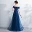 Elegant Navy Blue Evening Dresses  2017 A-Line / Princess Off-The-Shoulder Short Sleeve Appliques Lace Pearl Beading Floor-Length / Long Ruffle Backless Formal Dresses