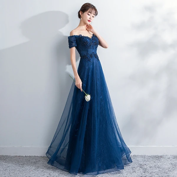 Elegant Navy Blue Evening Dresses 2017 A-Line / Princess Off-The-Shoulder Short Sleeve Appliques Lace Pearl Beading Floor-Length / Long Ruffle Backless Formal Dresses