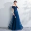 Elegant Navy Blue Evening Dresses  2017 A-Line / Princess Off-The-Shoulder Short Sleeve Appliques Lace Pearl Beading Floor-Length / Long Ruffle Backless Formal Dresses