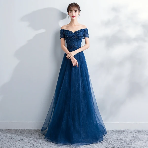 Elegant Navy Blue Evening Dresses 2017 A-Line / Princess Off-The-Shoulder Short Sleeve Appliques Lace Pearl Beading Floor-Length / Long Ruffle Backless Formal Dresses