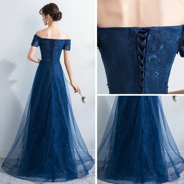 Elegant Navy Blue Evening Dresses 2017 A-Line / Princess Off-The-Shoulder Short Sleeve Appliques Lace Pearl Beading Floor-Length / Long Ruffle Backless Formal Dresses