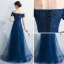 Elegant Navy Blue Evening Dresses  2017 A-Line / Princess Off-The-Shoulder Short Sleeve Appliques Lace Pearl Beading Floor-Length / Long Ruffle Backless Formal Dresses