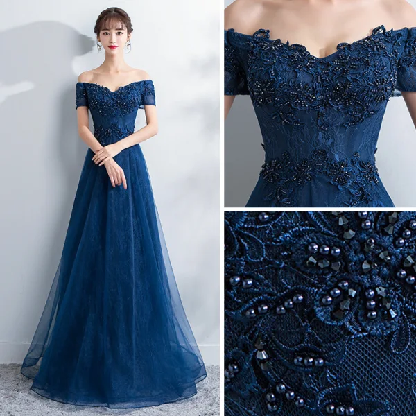 Elegant Navy Blue Evening Dresses 2017 A-Line / Princess Off-The-Shoulder Short Sleeve Appliques Lace Pearl Beading Floor-Length / Long Ruffle Backless Formal Dresses