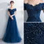 Elegant Navy Blue Evening Dresses  2017 A-Line / Princess Off-The-Shoulder Short Sleeve Appliques Lace Pearl Beading Floor-Length / Long Ruffle Backless Formal Dresses