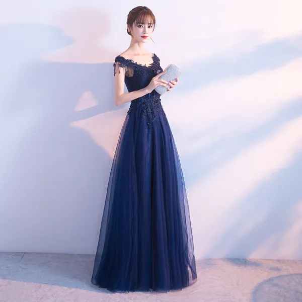 Modern / Fashion Navy Blue Evening Dresses  2017 A-Line / Princess V-Neck Sleeveless Appliques Lace Sequins Pearl Beading Floor-Length / Long Ruffle Backless Formal Dresses