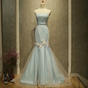 Chic Beautiful Sky Blue Evening Dresses 2017 Trumpet Mermaid Strapless Sleeveless Sequins Appliques Flower Rhinestone Sash Sweep Train Backless Formal Dresses