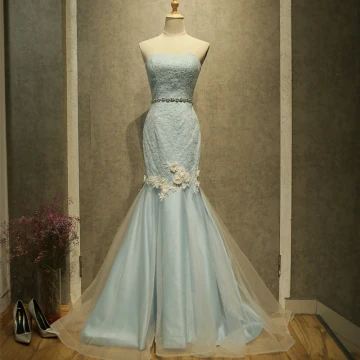 Chic Beautiful Sky Blue Evening Dresses 2017 Trumpet Mermaid Strapless Sleeveless Sequins Appliques Flower Rhinestone Sash Sweep Train Backless Formal Dresses