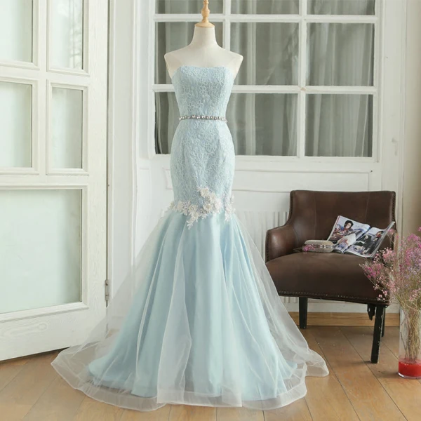 Chic / Belle Bleu Ciel Robe De Soirée 2017 Trompette / Sirène Bustier Sans Manches Paillettes Appliques Fleur Faux Diamant Ceinture Train De Balayage Dos Nu Robe De Ceremonie
