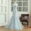 Chic / Belle Bleu Ciel Robe De Soirée 2017 Trompette / Sirène Bustier Sans Manches Paillettes Appliques Fleur Faux Diamant Ceinture Train De Balayage Dos Nu Robe De Ceremonie