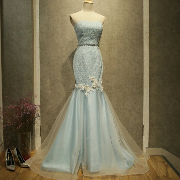 Chic / Belle Bleu Ciel Robe De Soirée 2017 Trompette / Sirène Bustier Sans Manches Paillettes Appliques Fleur Faux Diamant Ceinture Train De Balayage Dos Nu Robe De Ceremonie